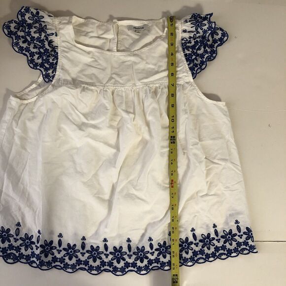 Madewell Womens Blouse White Blue Floral Scoop Embroidered Eyelets Size 12 - Picture 7 of 16
